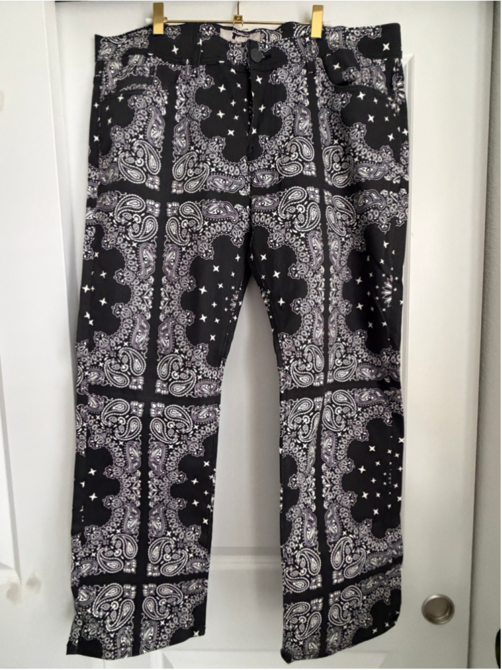Golden Denim All Over Bandana Print Pants Black White Paisley Mens 38 SG3001